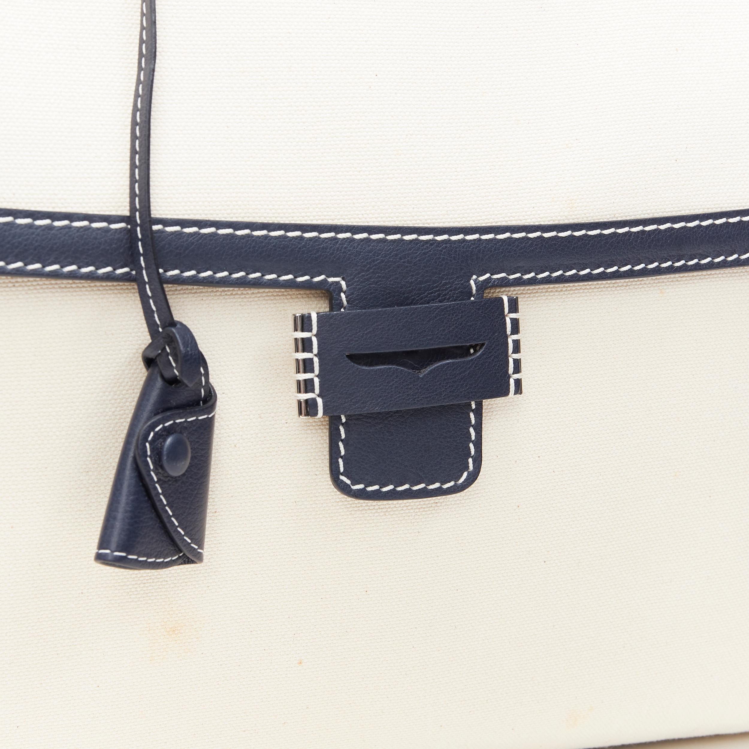 Women's MYRIAM SCHAEFER Byron navy blue beige canvas top handle satchel shoulder bag