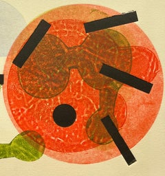 Abstrakte orangefarbene, grüne, blaue, schwarze Collagraphie der NY-Künstlerin Myril Adler, 1960er Jahre