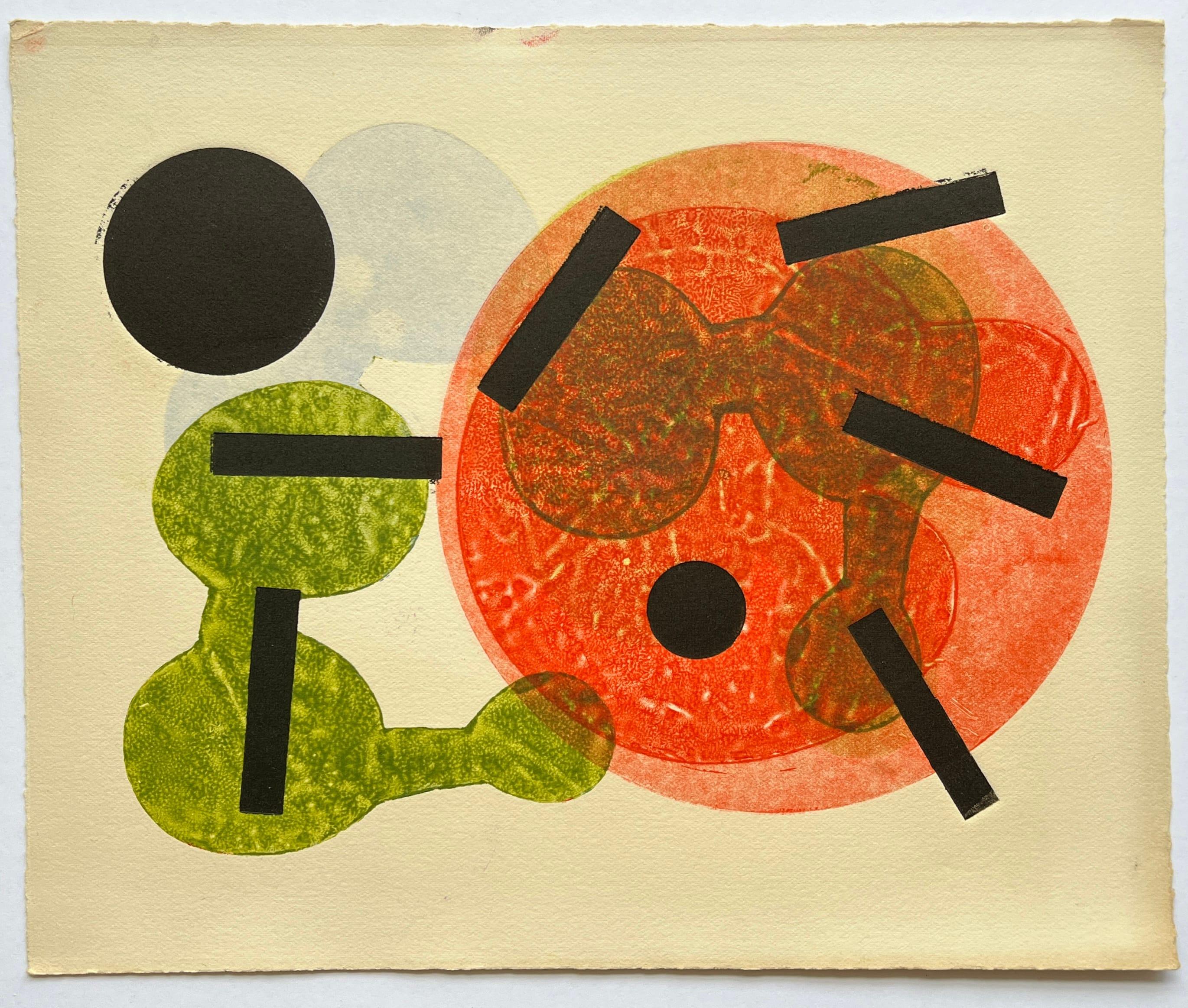 1960s Abstract Orange, Green, Blue, Black Collagraph NY Artist Myril Adler For Sale 3