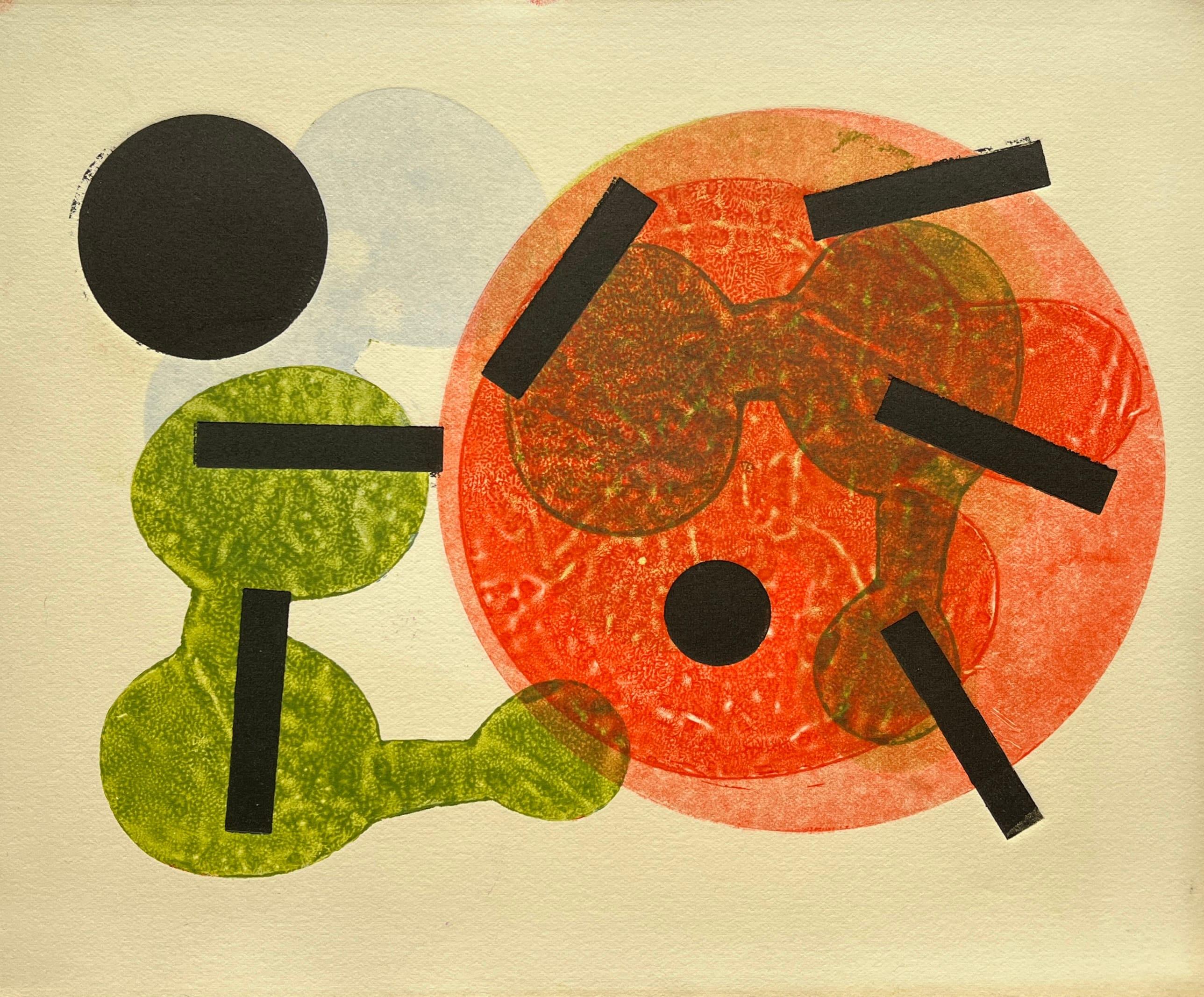 1960 Astratto Arancione, Verde, Blu, Nero Collagraph NY Artista Myril Adler