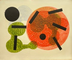 1960 Astratto Arancione, Verde, Blu, Nero Collagraph NY Artista Myril Adler