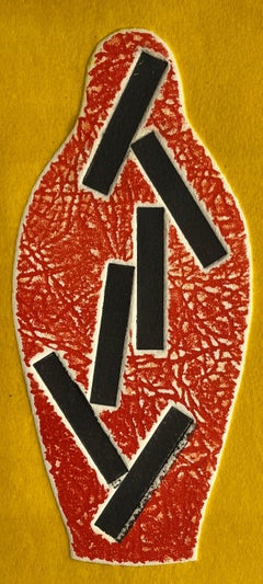 1960s Abstract Vessel Orange and Yellow Collagraph NY Artist Myril Adler