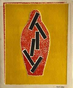 1960s Abstract Vessel Orange and Yellow Collagraph NY Artist Myril Adler