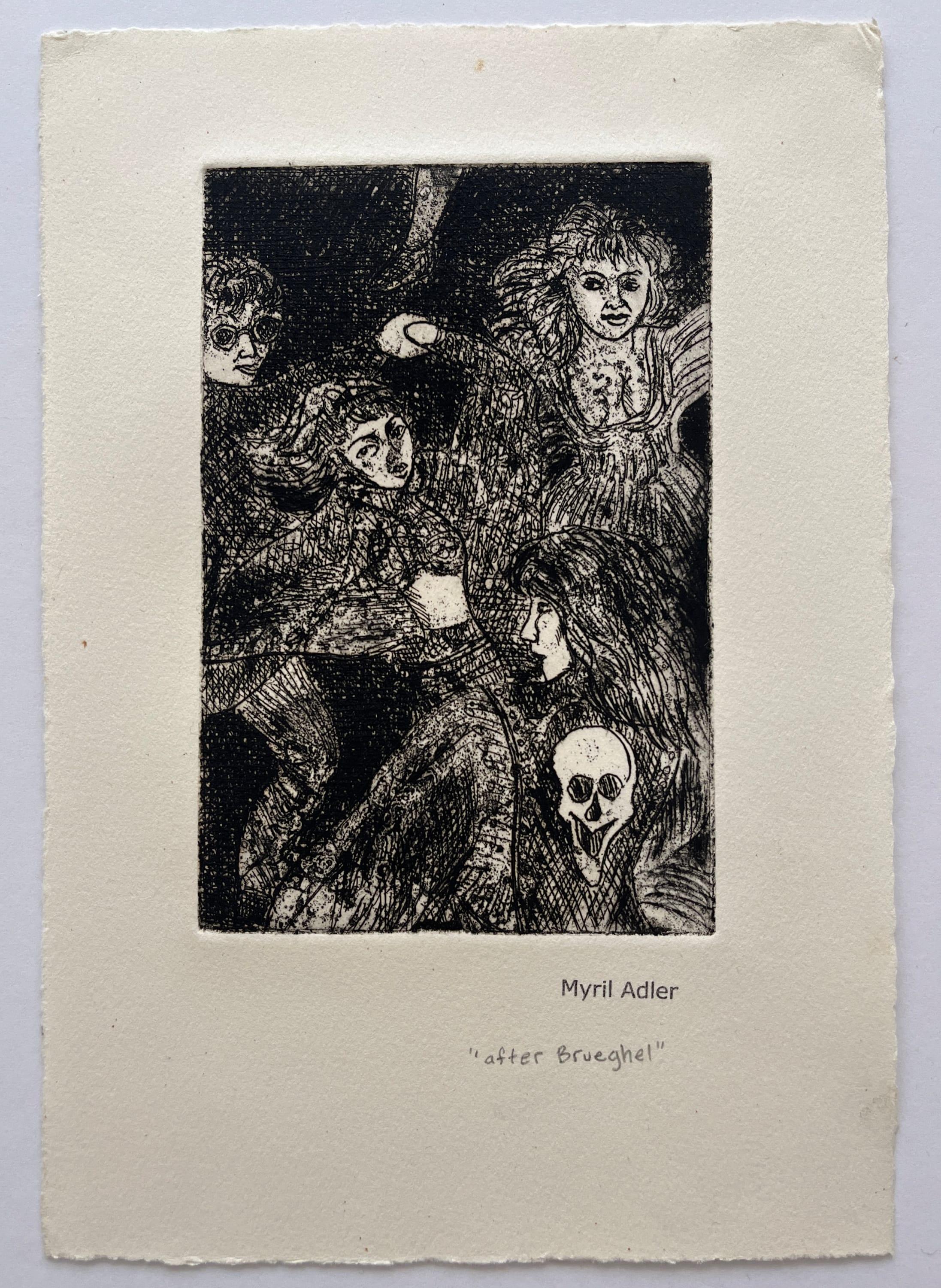 Myril Adler
"After Brueghel"
c.1960s
Intaglio etching, ink on paper
6"x4" site unframed
Titled in pencil, estate stamp

Myril Adler, was born on September 22, 1920 in Vitebsk, Russia (now Belarus), and immigrated with her parents to the United