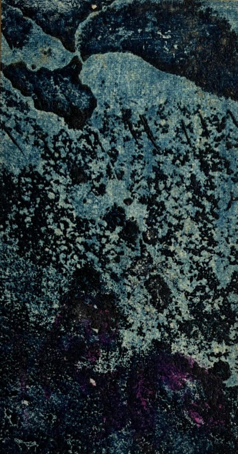 Collage azul de los años 60 Grabado calcográfico Artista NY Myril Adler