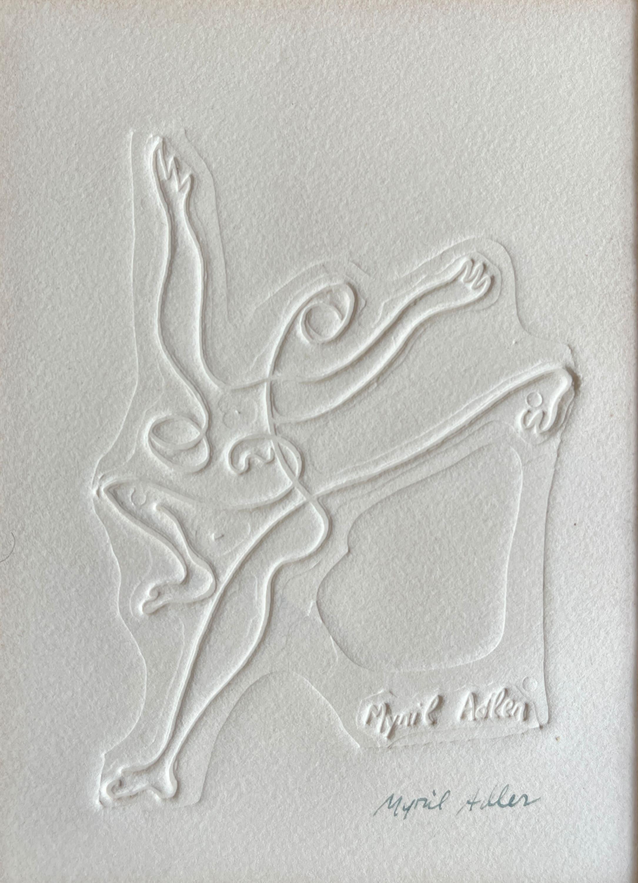 Myril Adler
Tänzerin
c.1960s
Blindprägung auf Papier
4 "x5,5" Seite auf schwarzer Seidenmatte befestigt
Signiert im Druck und mit Bleistift

Myril Adler wurde am 22. September 1920 in Vitebsk, Russland (heute Weißrussland), geboren und wanderte im
