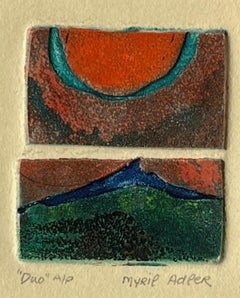 1960s "Duo" Orange, Teal, Green Collagraph NY Artist Myril Adler