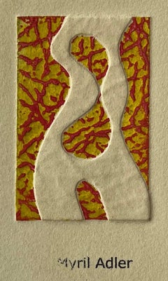 1960s Figurative in Red and Yellow Collagraph NY Artist Myril Adler