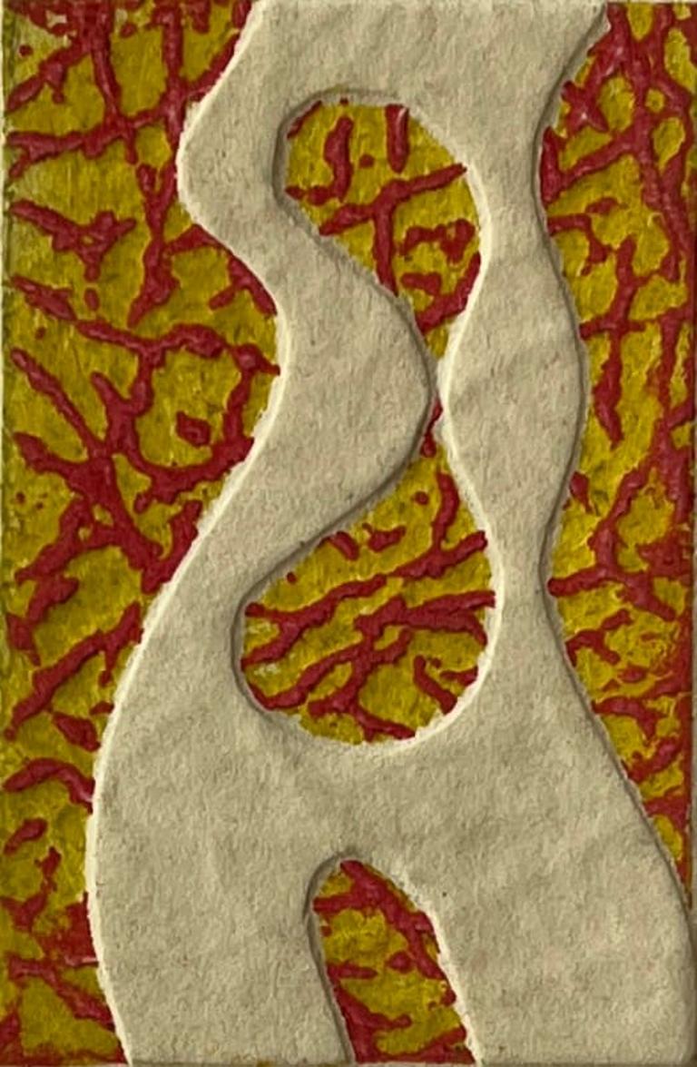 1960 Figurativo in rosso e giallo Collagraph NY Artista Myril Adler