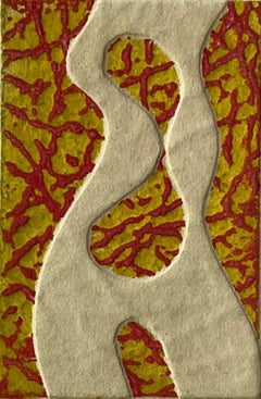 1960 Figurativo in rosso e giallo Collagraph NY Artista Myril Adler