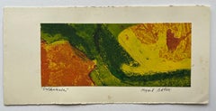 1960 "Goldenscape" Verde, Arancione, Giallo Acquaforte calcografica NY Artista Myril Adler