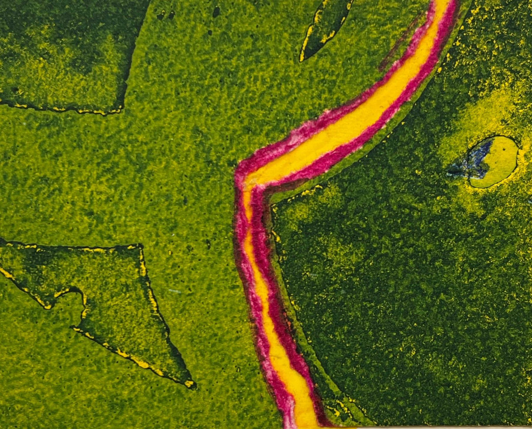 Grüne, rosa, gelbe, gelbe Collage-Intaglio-Radierung „Greenscape“ NY Künstlerin, 1960er Jahre – Print von Myril Adler