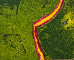 1960s "Greenscape" Green, Pink, Yellow Collage Intaglio Etching NY Artist