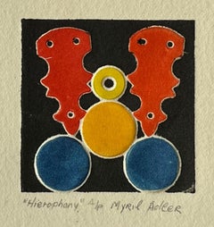 1960s "Hierophany" Red, Blue, Yellow Collagraph NY Artist Myril Adler