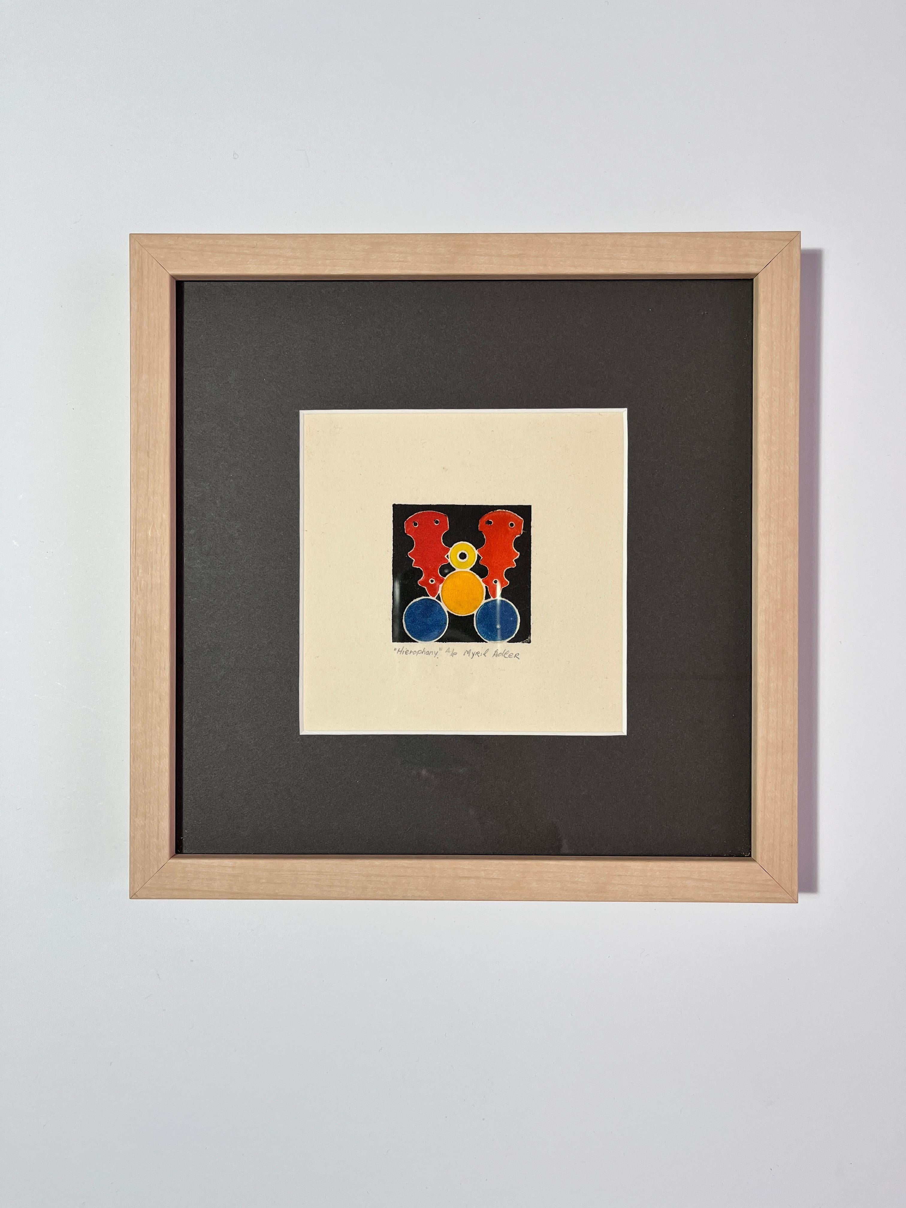 Myril Adler
"Ierofania"
c.anni '60
Inchiostro per collage su carta
Cornice da galleria in legno di frassino 2 "x2" 9,5 "x9,5
Firmato e intitolato a matita


Myril Adler è nata il 22 settembre 1920 a Vitebsk, in Russia (oggi Bielorussia), ed è