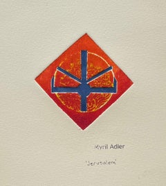 1960s "Jerusalem" Ombre Red to Orange Collagraph NY Artist Myril Adler