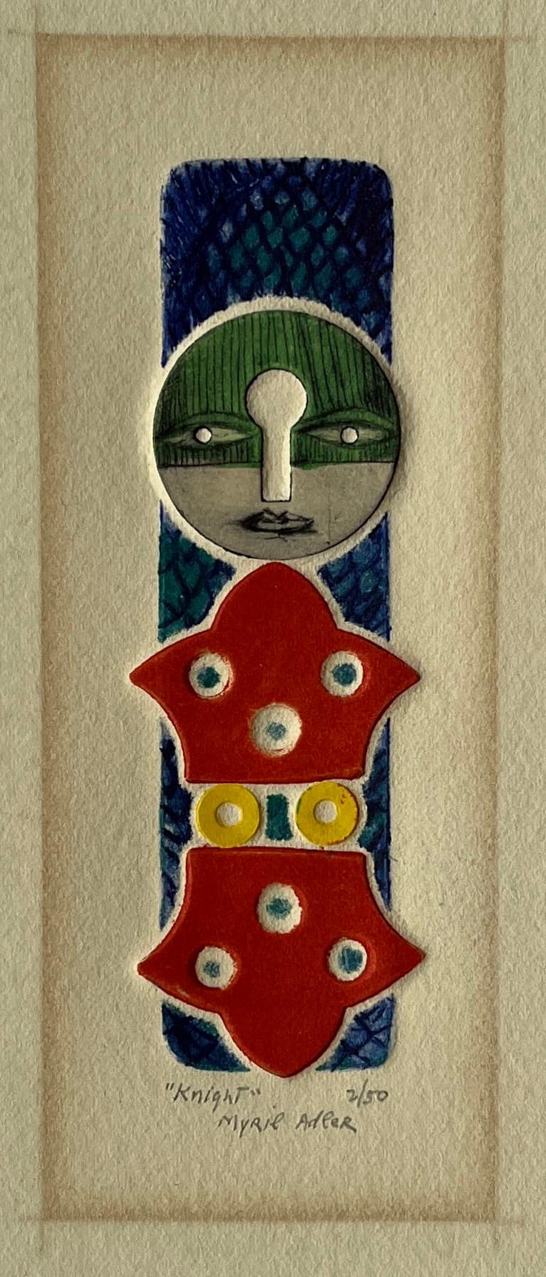 Myril Adler
"Cavaliere"
c.anni '60
Inchiostro per collage su carta
Sito 2 "x5" senza cornice
edizione 2/50
Firmato e intitolato a matita

Myril Adler è nata il 22 settembre 1920 a Vitebsk, in Russia (oggi Bielorussia), ed è emigrata con i suoi