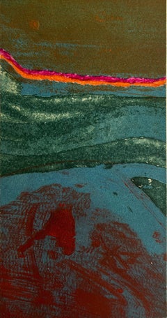 1960s "Magic Journey" Teal, Pink, Yellow Collage Intaglio Etching NY Artist