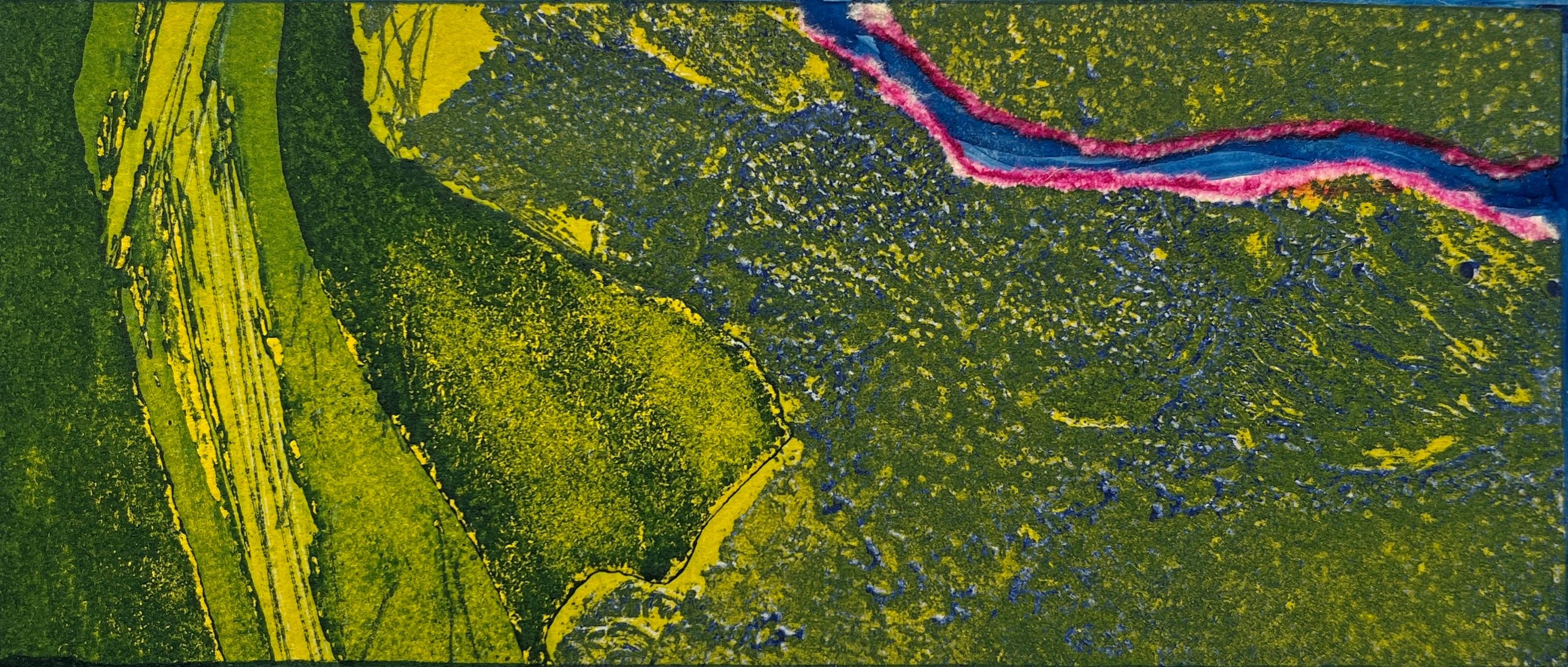 1960s "Ventana Mágica" Verde, Rosa, Amarillo Collage Grabado Aguafuerte Artista NY