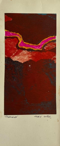 Vintage 1960s "Moonscape" Red, Pink, Orange Collage Intaglio Etching NY Artist