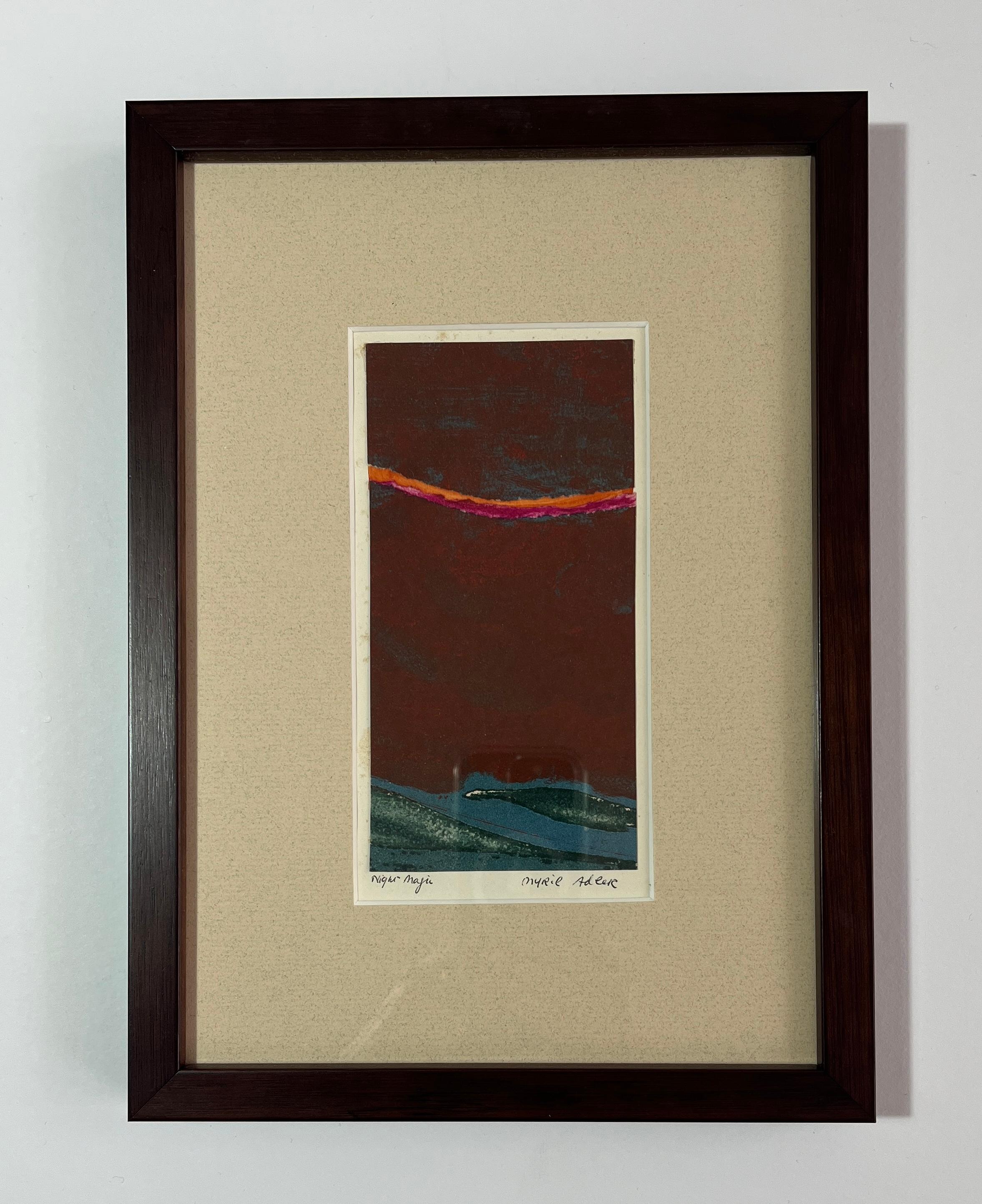 1960er Jahre "Night Magic" Teal, Rosa, Gelb Collage Tiefdruck Radierung NY Künstler – Mixed Media Art von Myril Adler