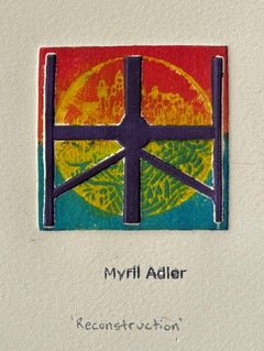 Reconstruction Collagraph Print, Teal to Red, Circa 1960s, Framed