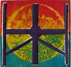 „Reconstruction“ Teal to Red Collagraph NY Künstlerin Myril Adler, 1960er Jahre, „Reconstruction“