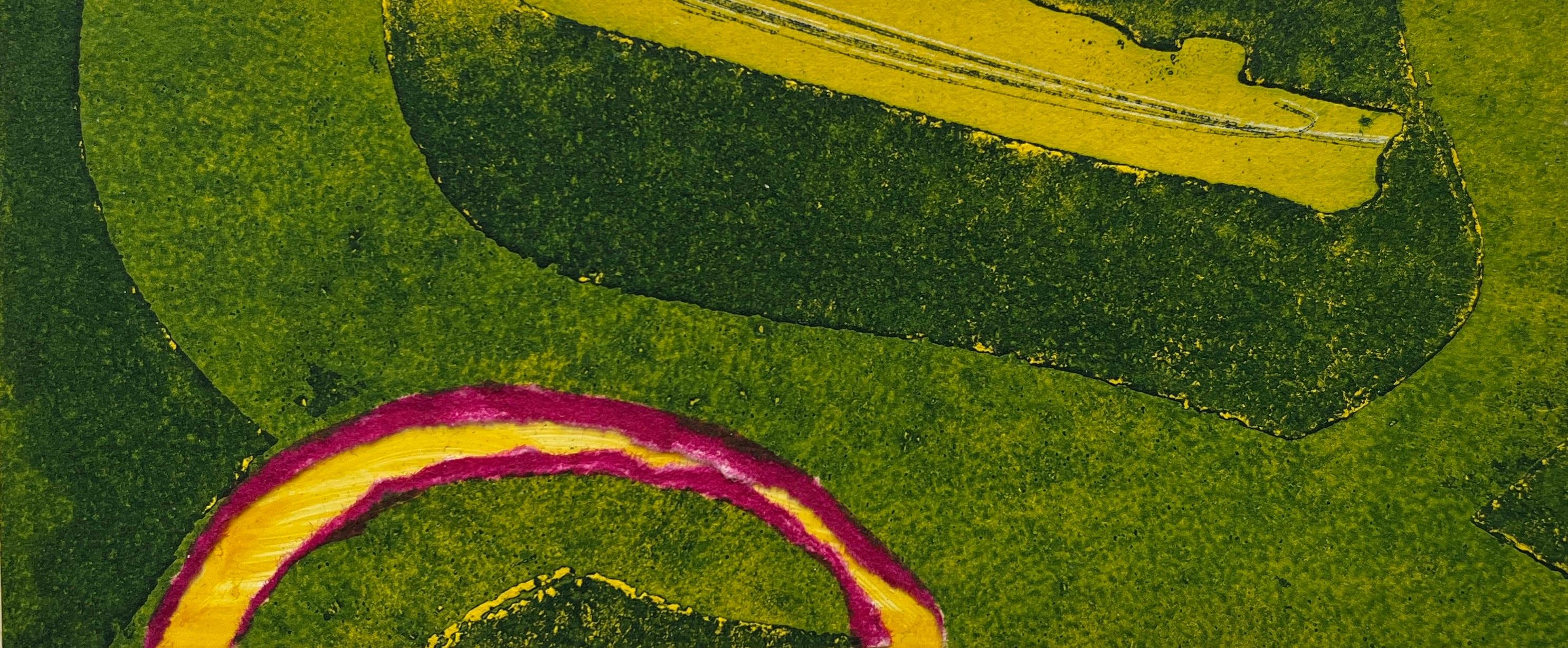 Abstract Print Myril Adler - 1960s "Sunscape III" Green, Pink, Yellow Collage Intaglio Etching NY Artist