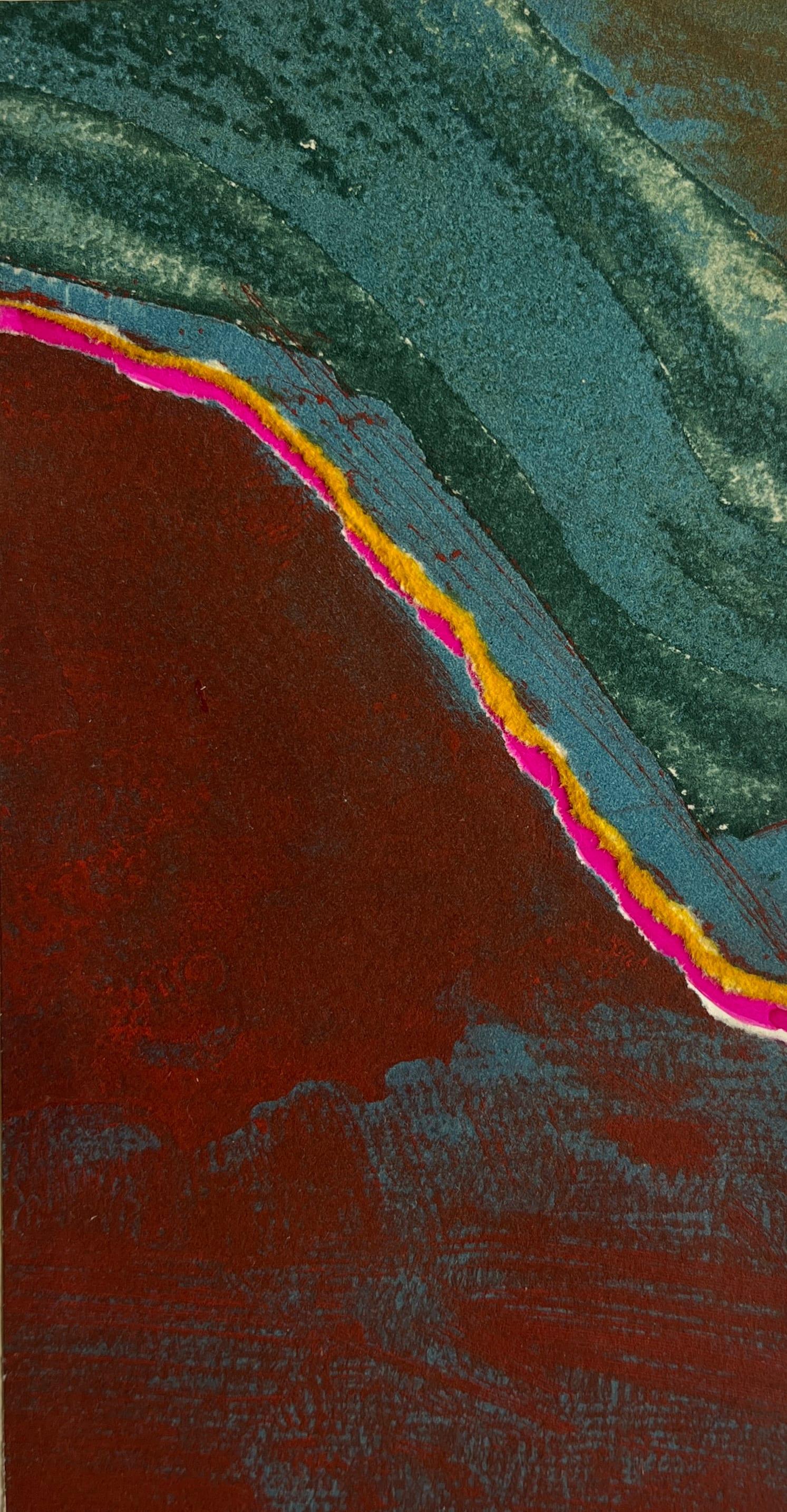 1960 Teal, Pink, Yellow Collage Intaglio Etching NY Artista Myril Adler in vendita 1