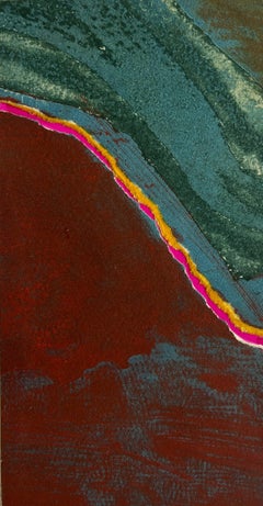 1960s Teal, Pink, Yellow Collage Intaglio Etching NY Artist Myril Adler