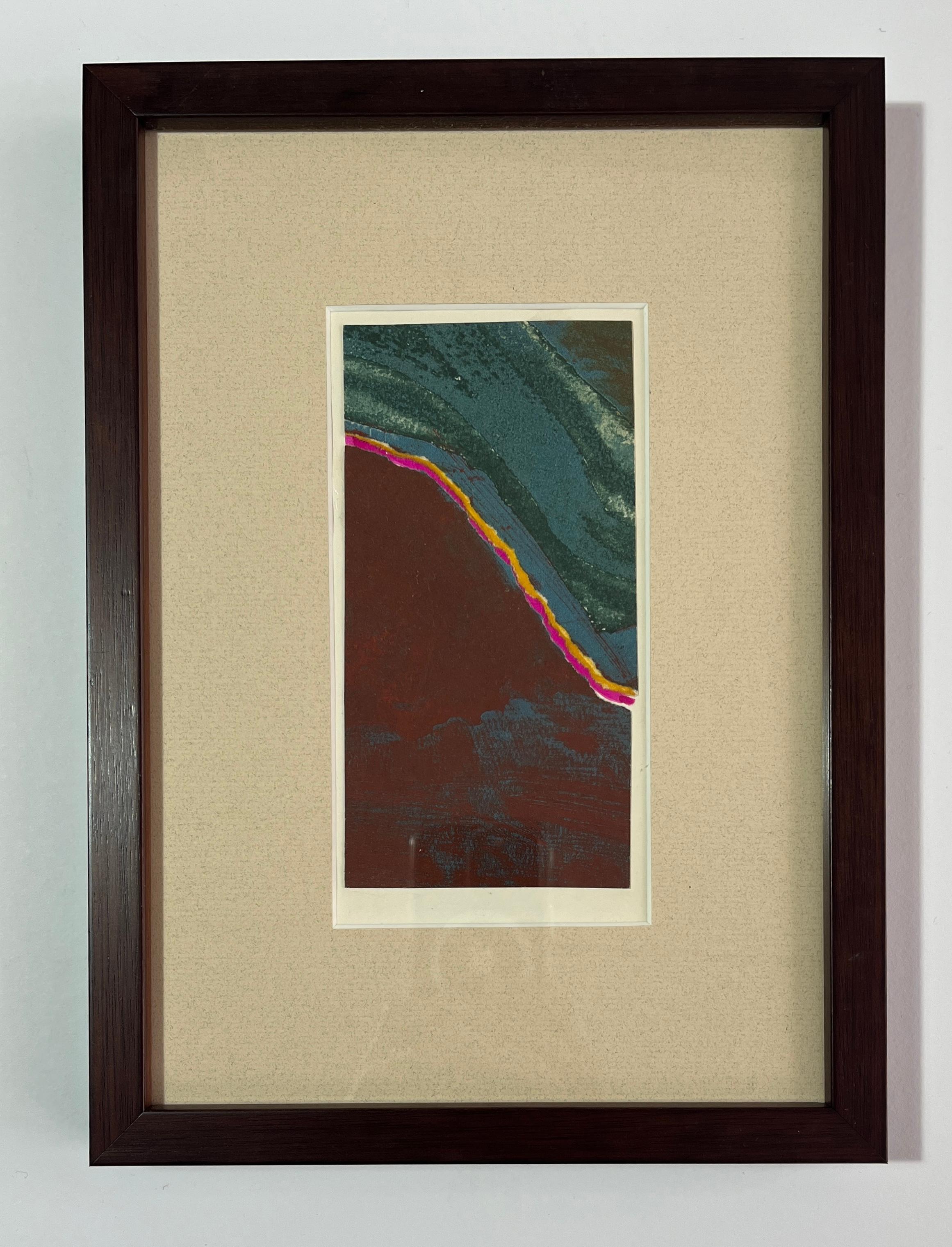 1960s Teal, Pink, Yellow Collage Intaglio Etching NY Artist Myril Adler