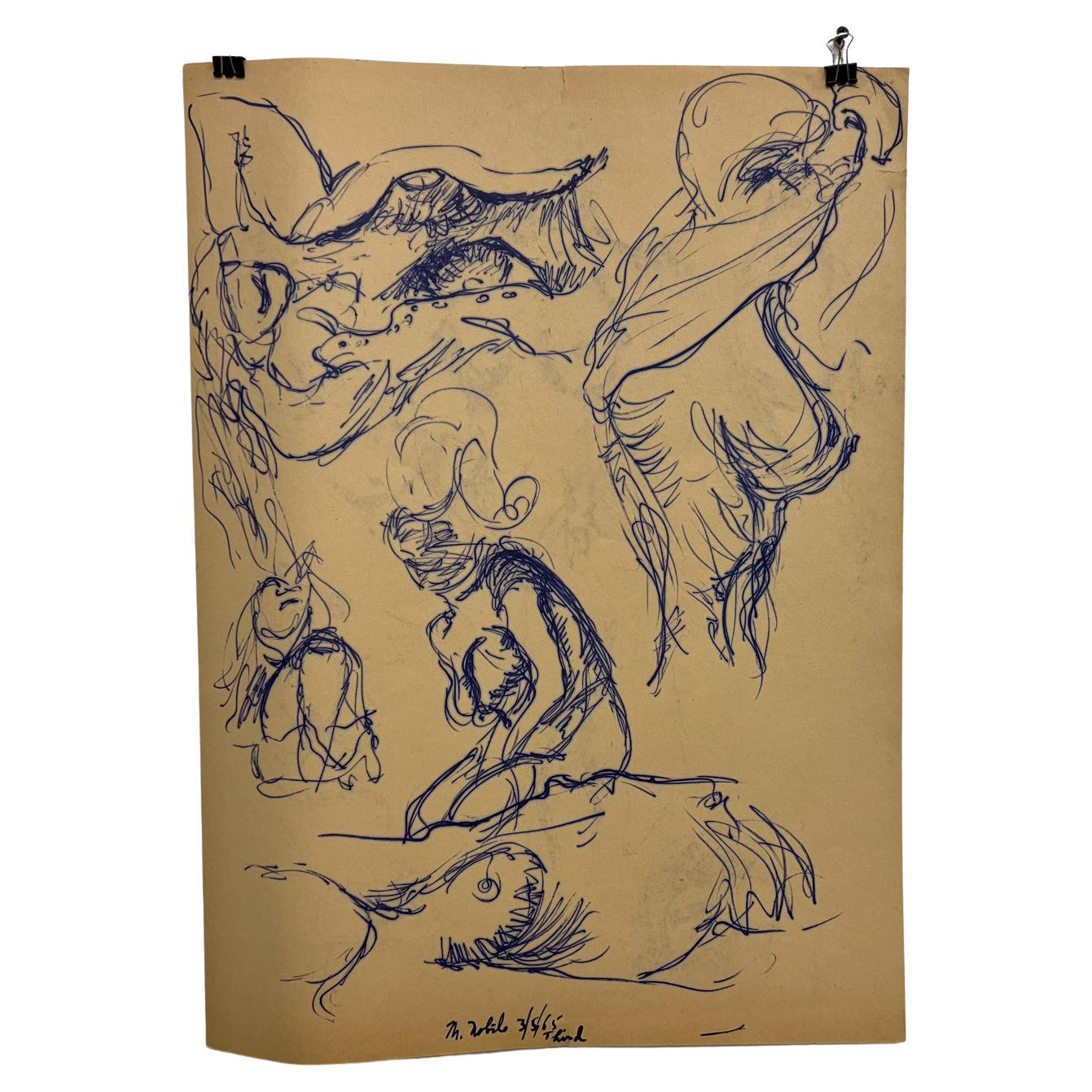 Myrna Nobile Disegno d'arte nudo #2 su carta 3/5/65 Firmato California