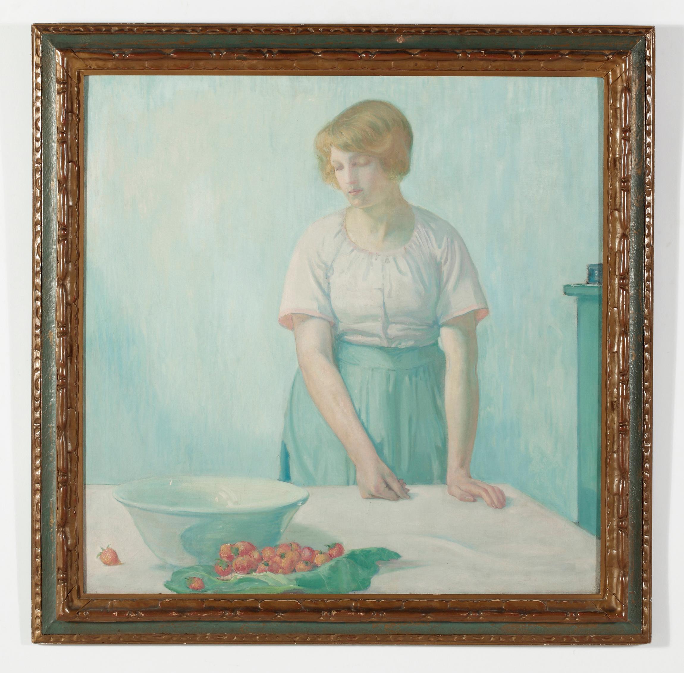 Woman mit Erdbeerbeeren – Painting von Myron Barlow