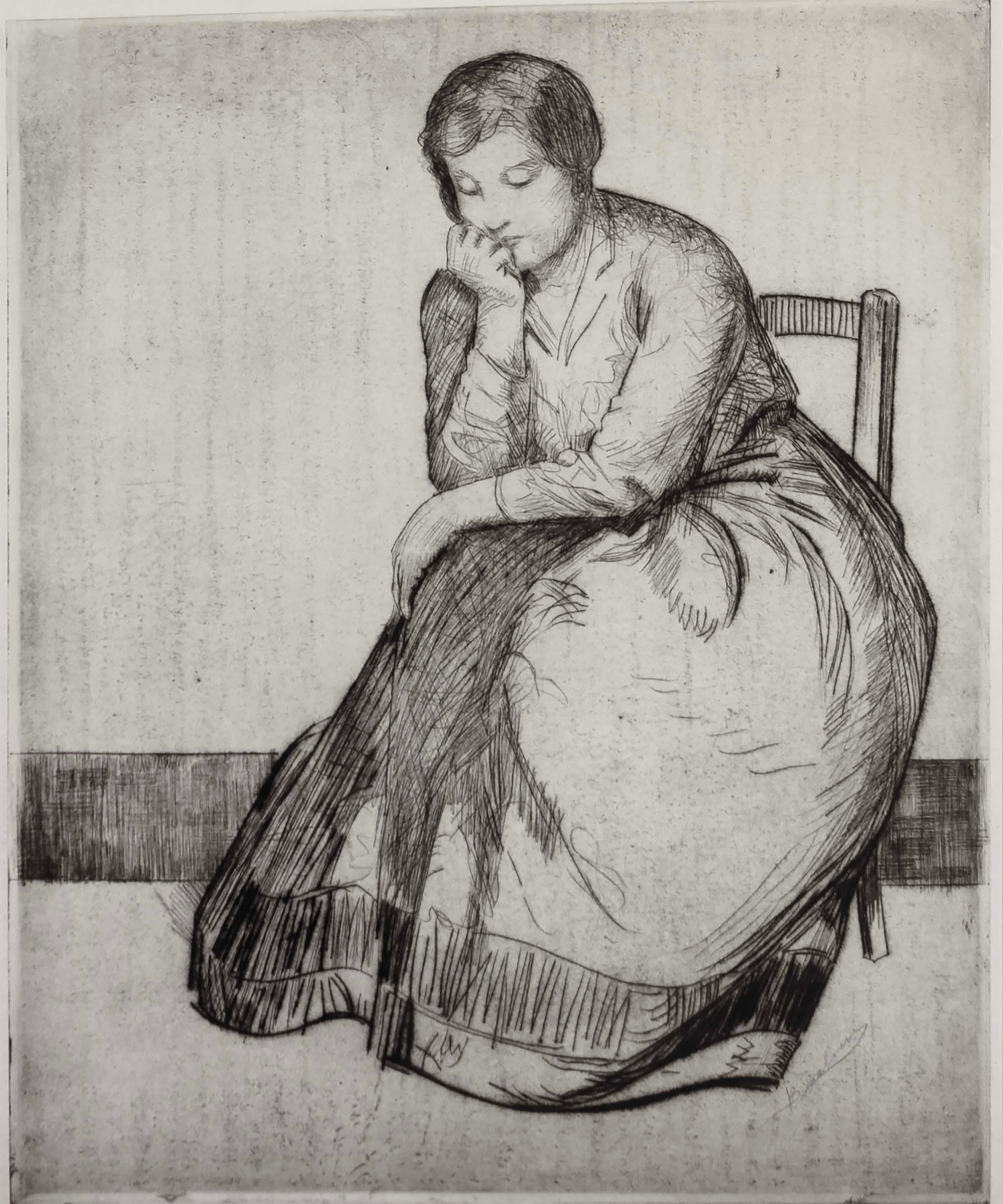 Sentimentale Radierung auf Papier, die eine sitzende Frau darstellt, von dem amerikanischen Künstler Myron Barlow (1873-1937). Unten rechts mit Bleistift handsigniert. Eine schöne Darstellung des amerikanischen Realismus, ca. 1910-1920er Jahre. Aus