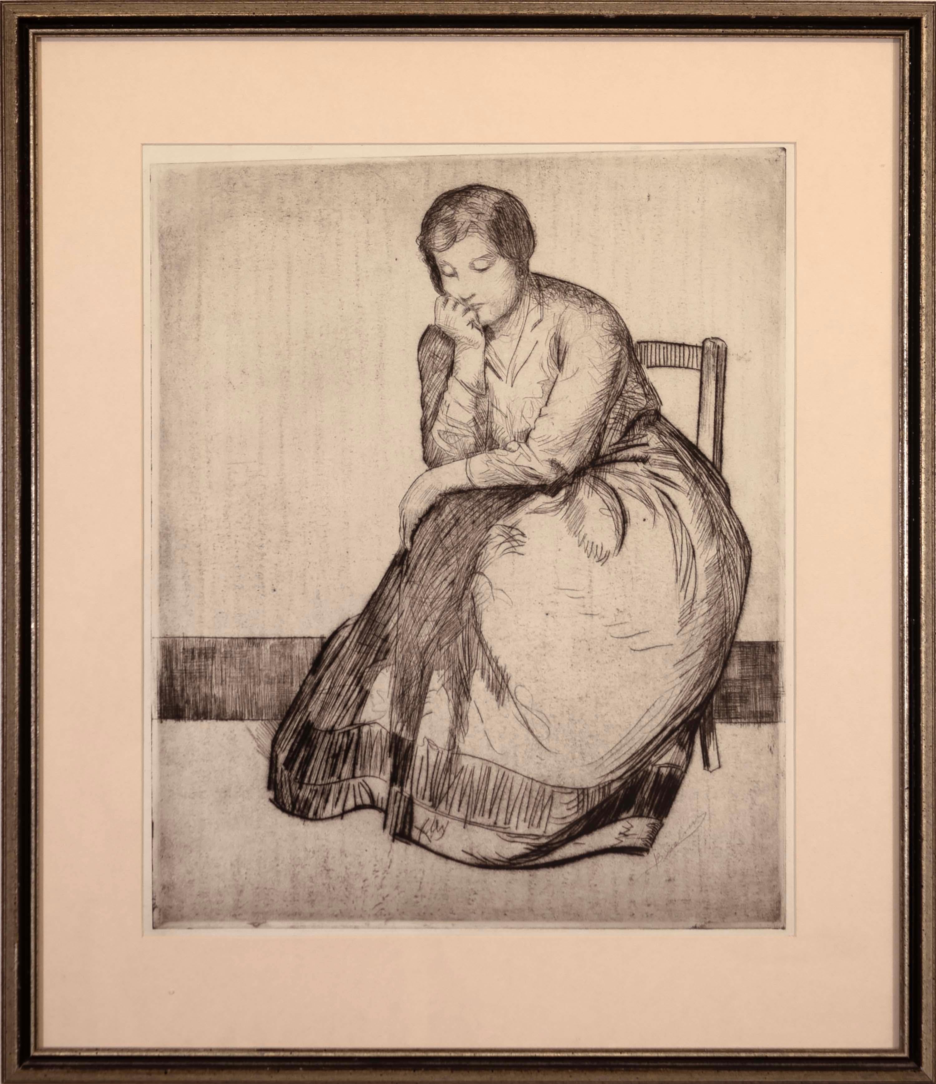 Myron Barlow Seated Woman Signed Vintage Etching on Paper American Realism 1920s For Sale