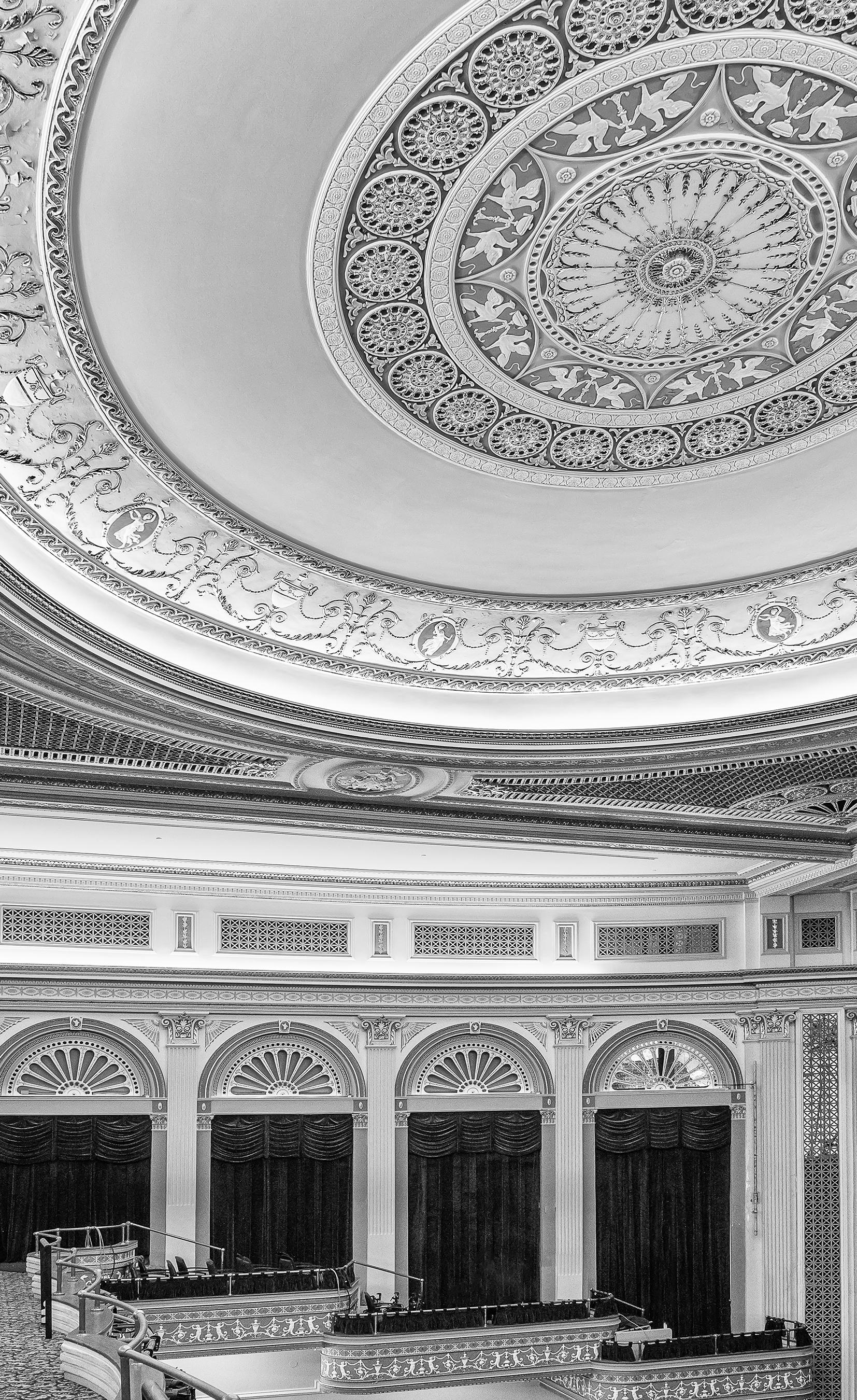 Myrtie Cope Black and White Photograph - "Box Seats with Ceiling Detail - Lucas Theatre" - Ezra Stoller