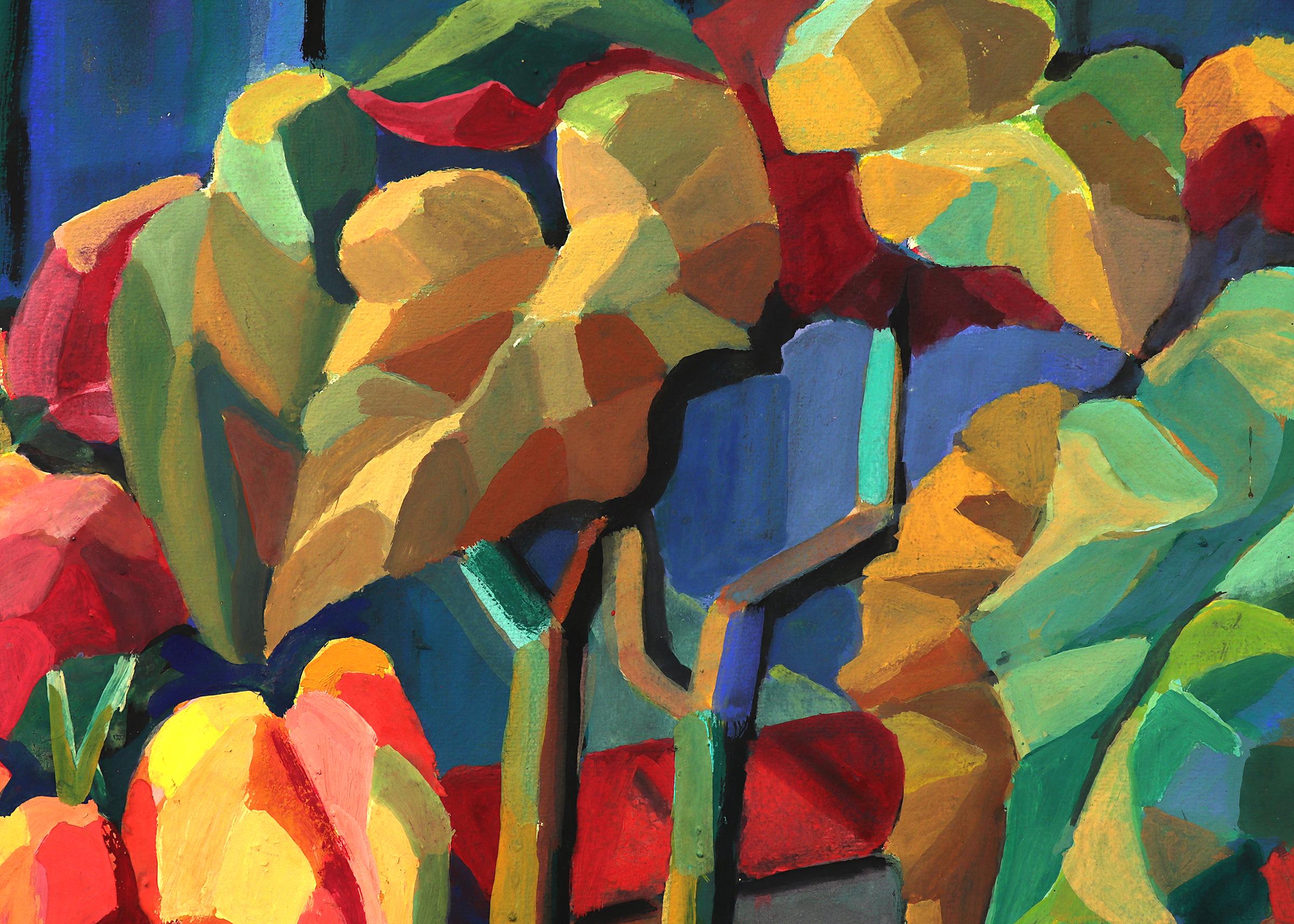 Modernist Semi Abstract Gouache Still Life Painting With Geometric Plants  4