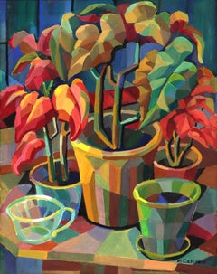 Modernist Semi Abstract Gouache Still Life Painting With Geometric Plants