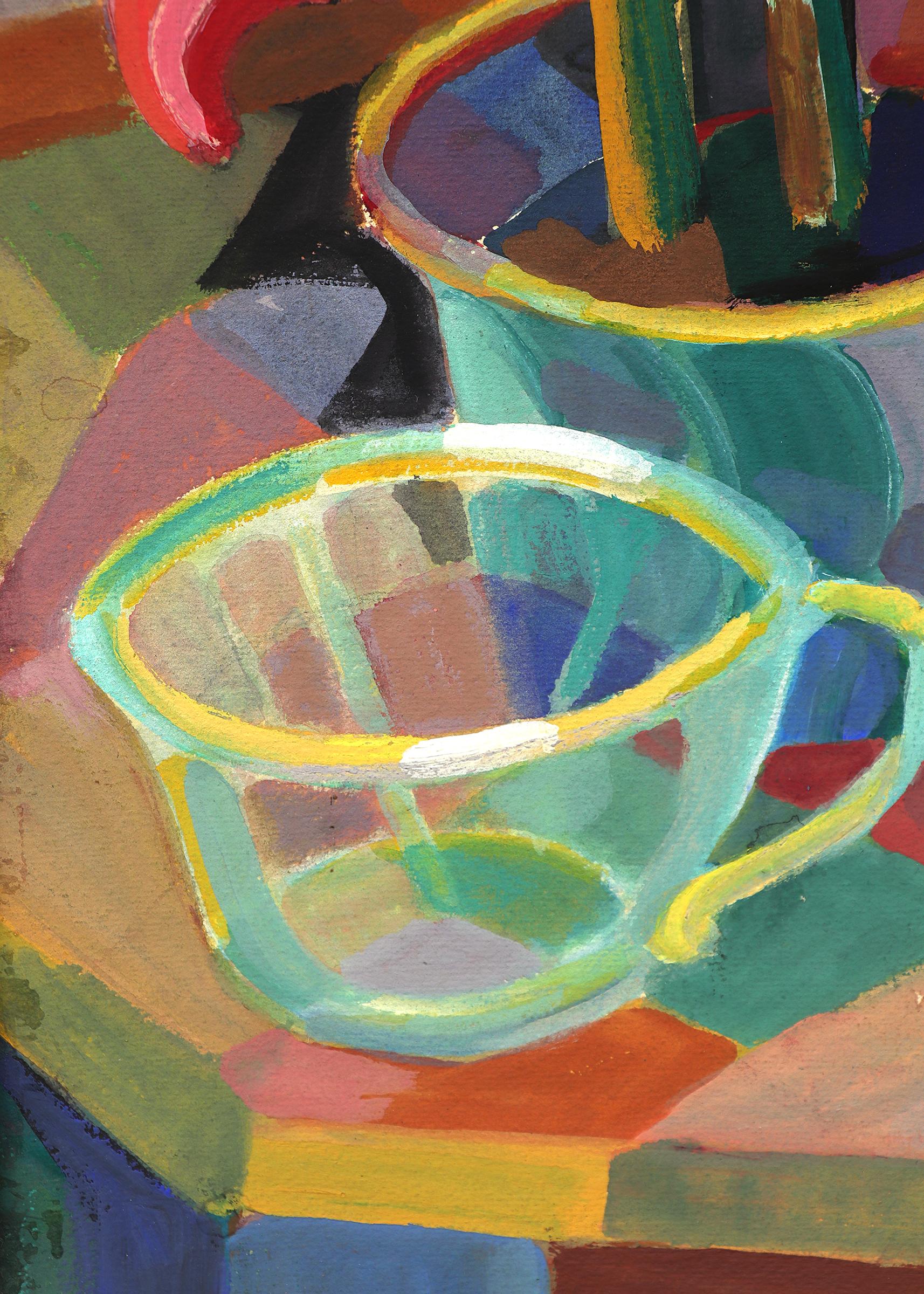 Modernist Semi Abstract Gouache Still Life Painting With Geometric Plants - Brown Still-Life Painting by Myrtle Hoffman Campbell