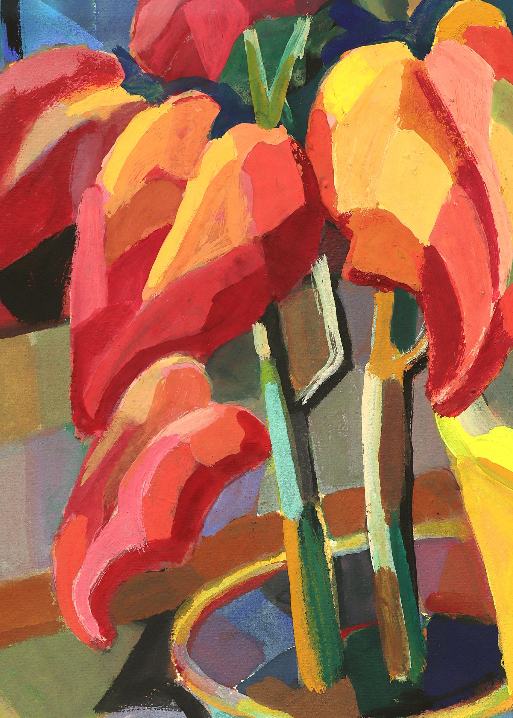 Modernist Semi Abstract Gouache Still Life Painting With Geometric Plants 2