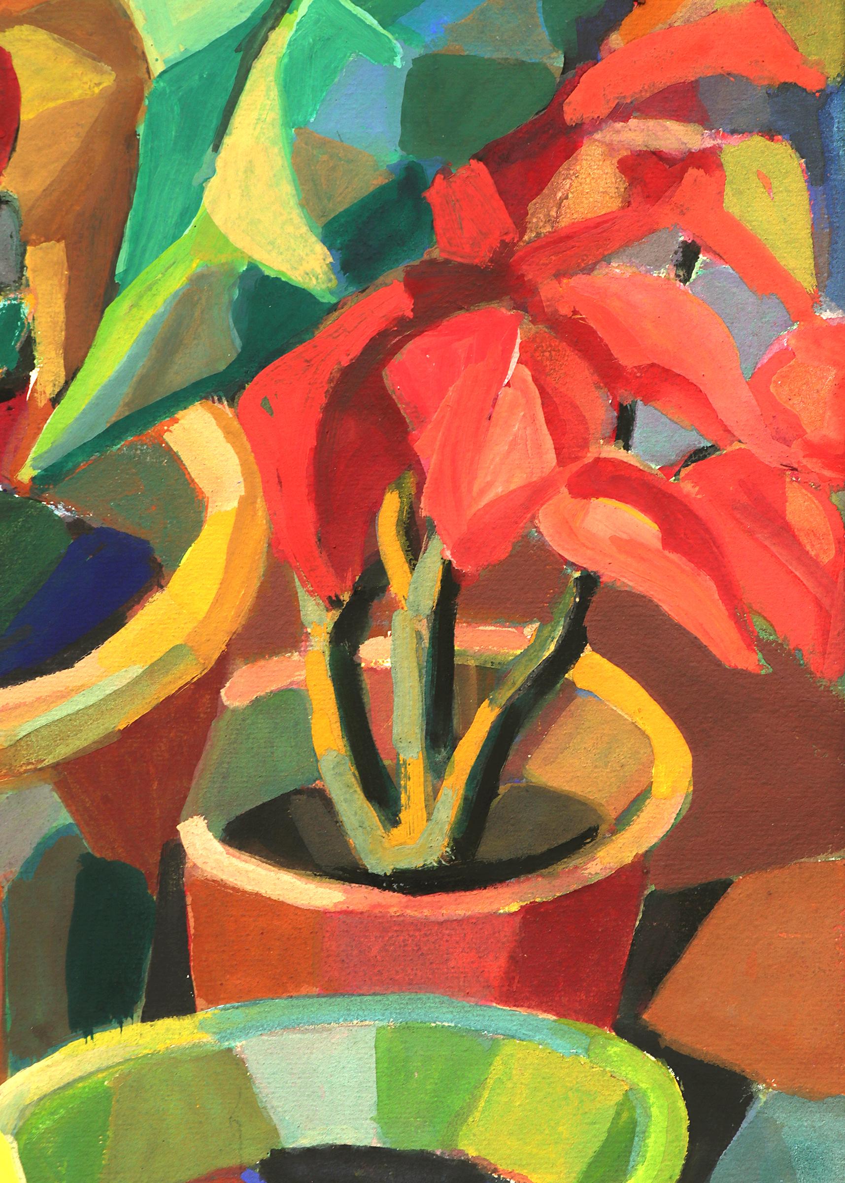 Modernist Semi Abstract Gouache Still Life Painting With Geometric Plants 3