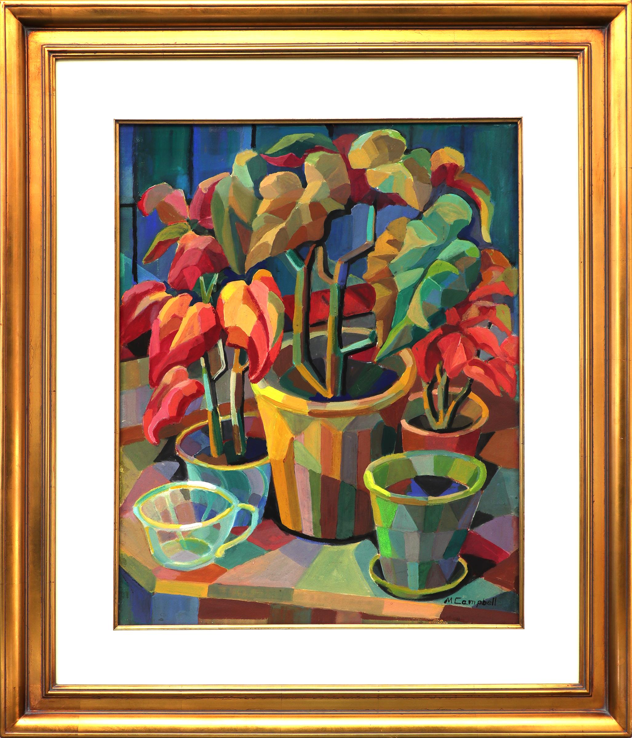 Myrtle Hoffman Campbell Still-Life Painting - Modernist Semi Abstract Gouache Still Life Painting With Geometric Plants 
