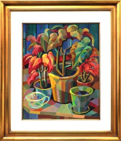 Modernist Semi Abstract Gouache Still Life Painting With Geometric Plants 