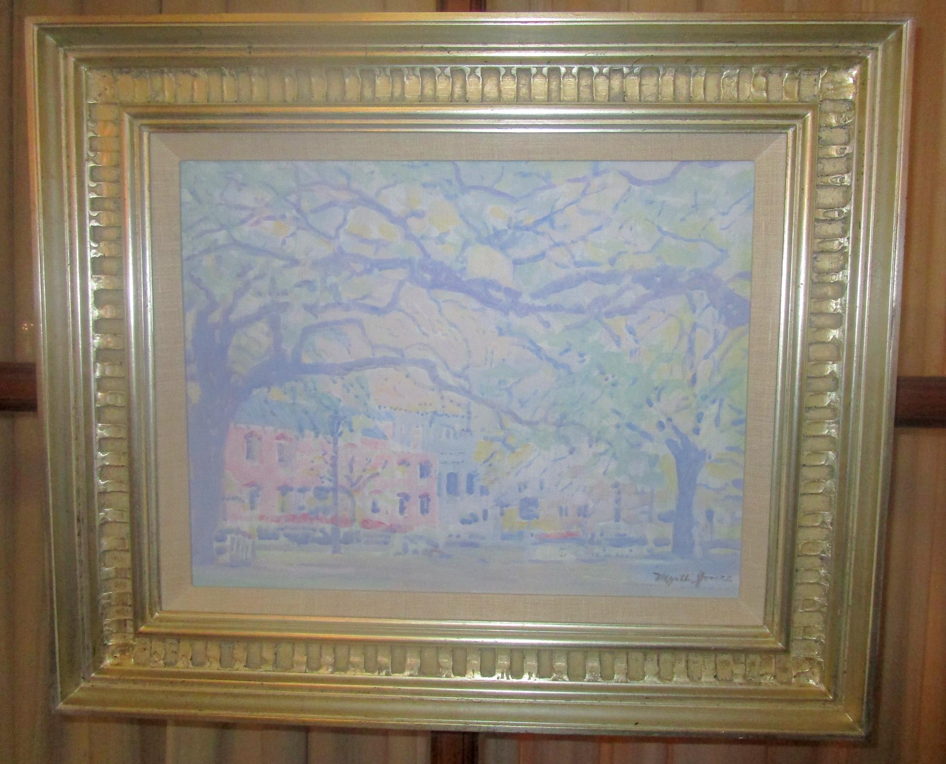 This lovely Impessionist style painting is by local artist Myrle Jones and depicts the Old Pink House restaurant on Reynolds Square here in Savannah, Georgia. From the lighter colors of this painting, it would have been done in the later part of her