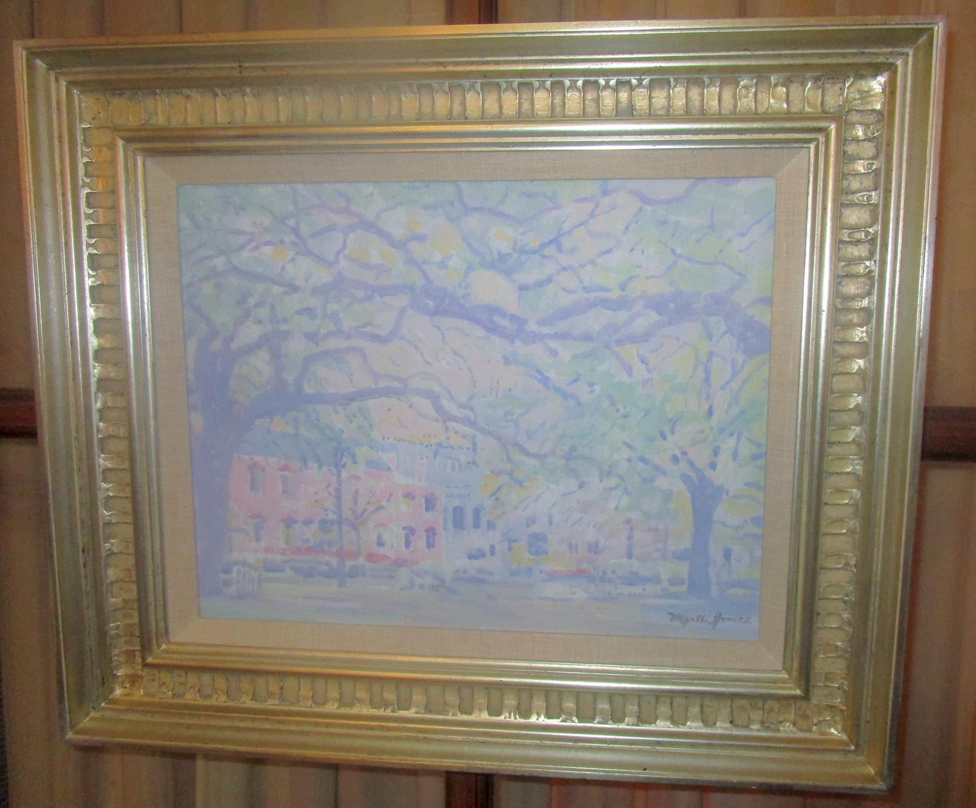 Silvered Myrtle Jones Savannah Impressionist Painting of Old Pink House Reynolds Square