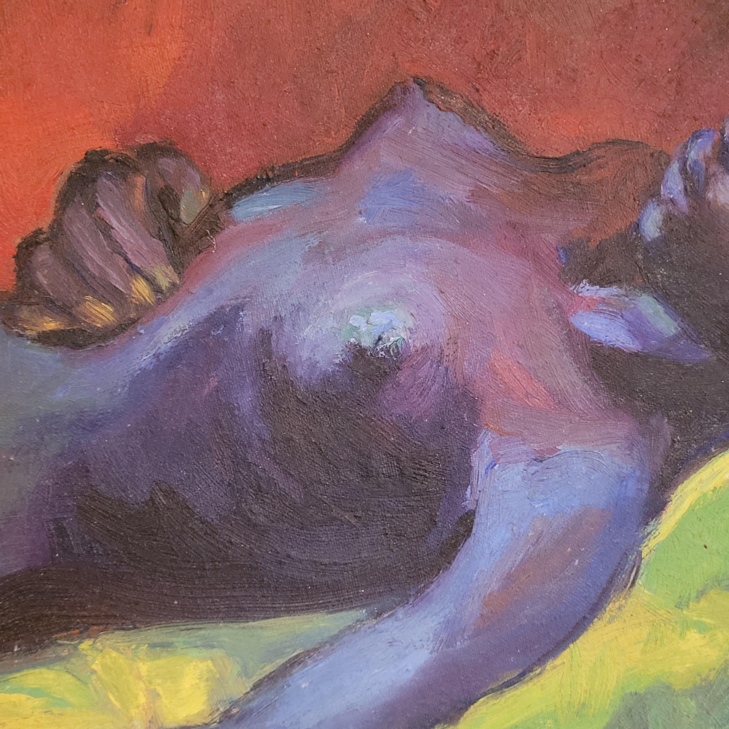 Matisse inspired oil on board of a Senegalese female nude by French artist  Myrto Debard.

This captivating artwork features a reclining figure, rendered in a palette dominated by rich blues and purples. The subject is portrayed with exquisite