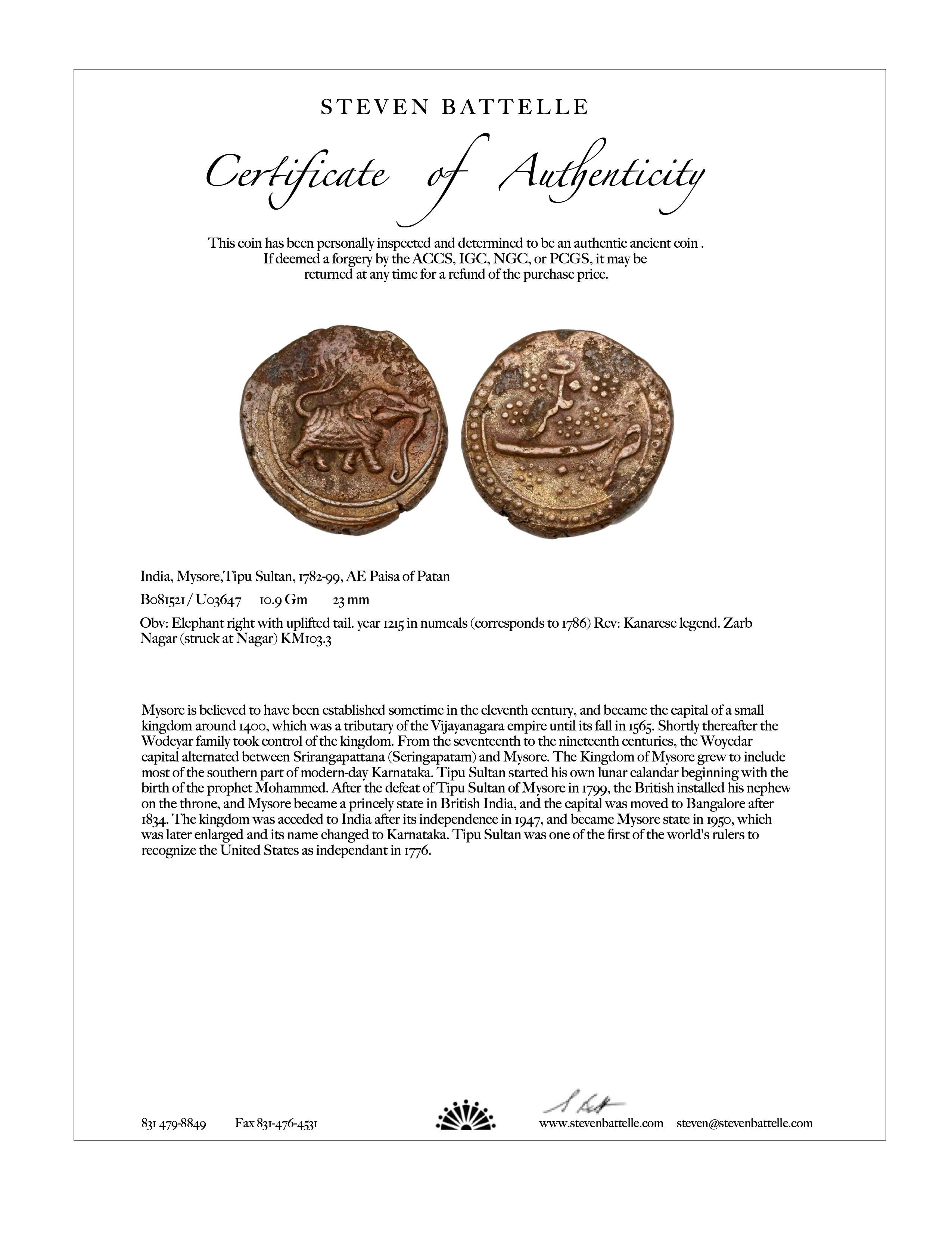 Royaume de Mysore, Inde 1700's Pièce de monnaie en bronze représentant un éléphant Pendentif en or 18K en vente 2