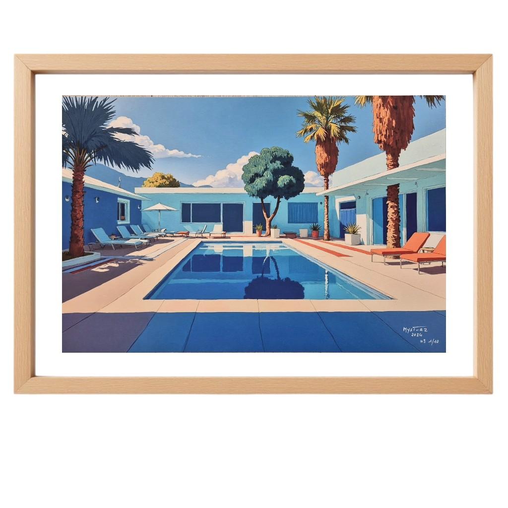 With his series of “American” works, artist Myst-RZ plunges us into a world partly inspired by the works of Edward Hopper and David Hockney.
In this series, the works stretch out like long travellings, sometimes depicting hushed, intimate