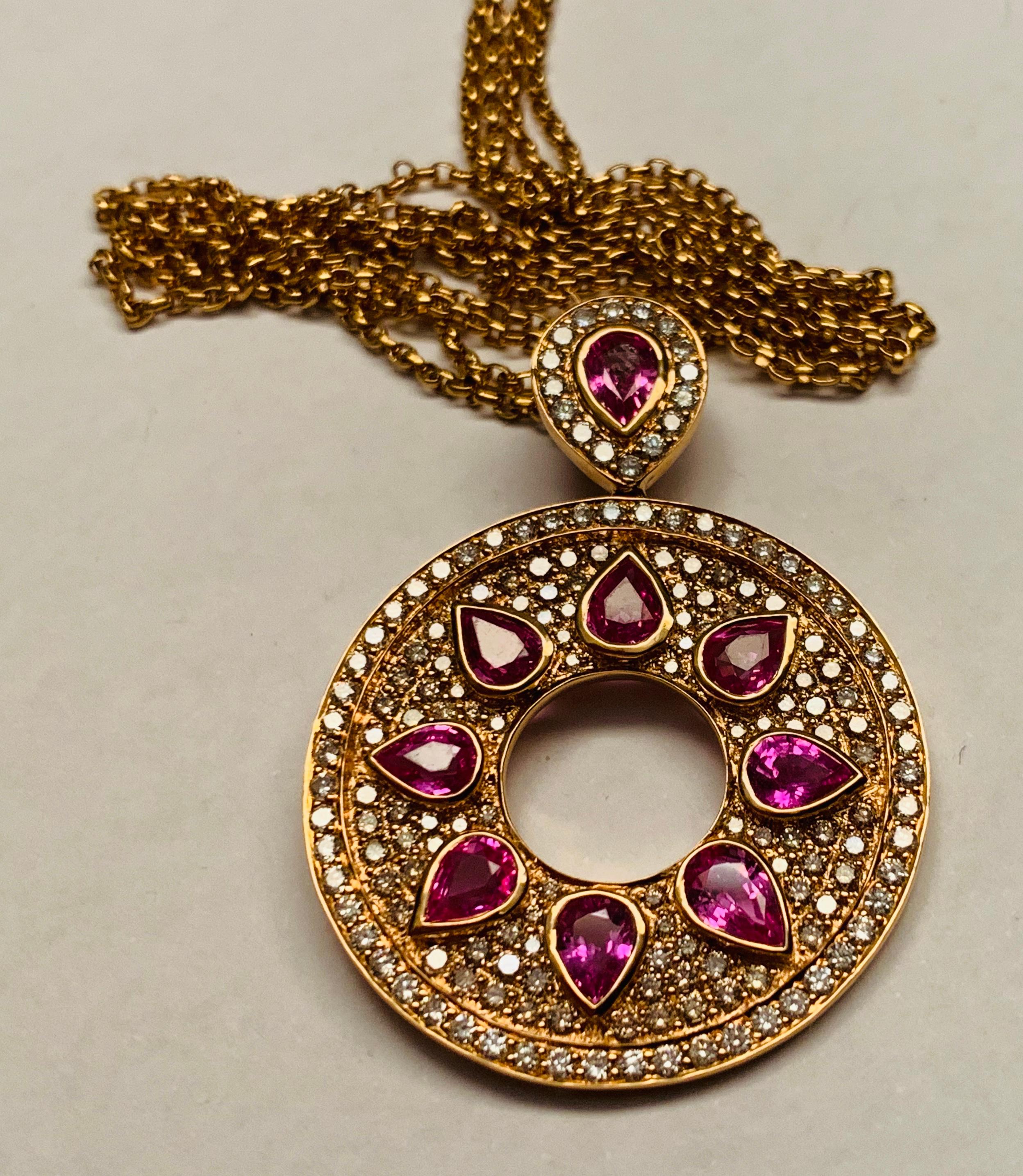 Round Cut Mysterious 18 Karat Gold Pink Sapphire and Diamond Pendant with Chain For Sale