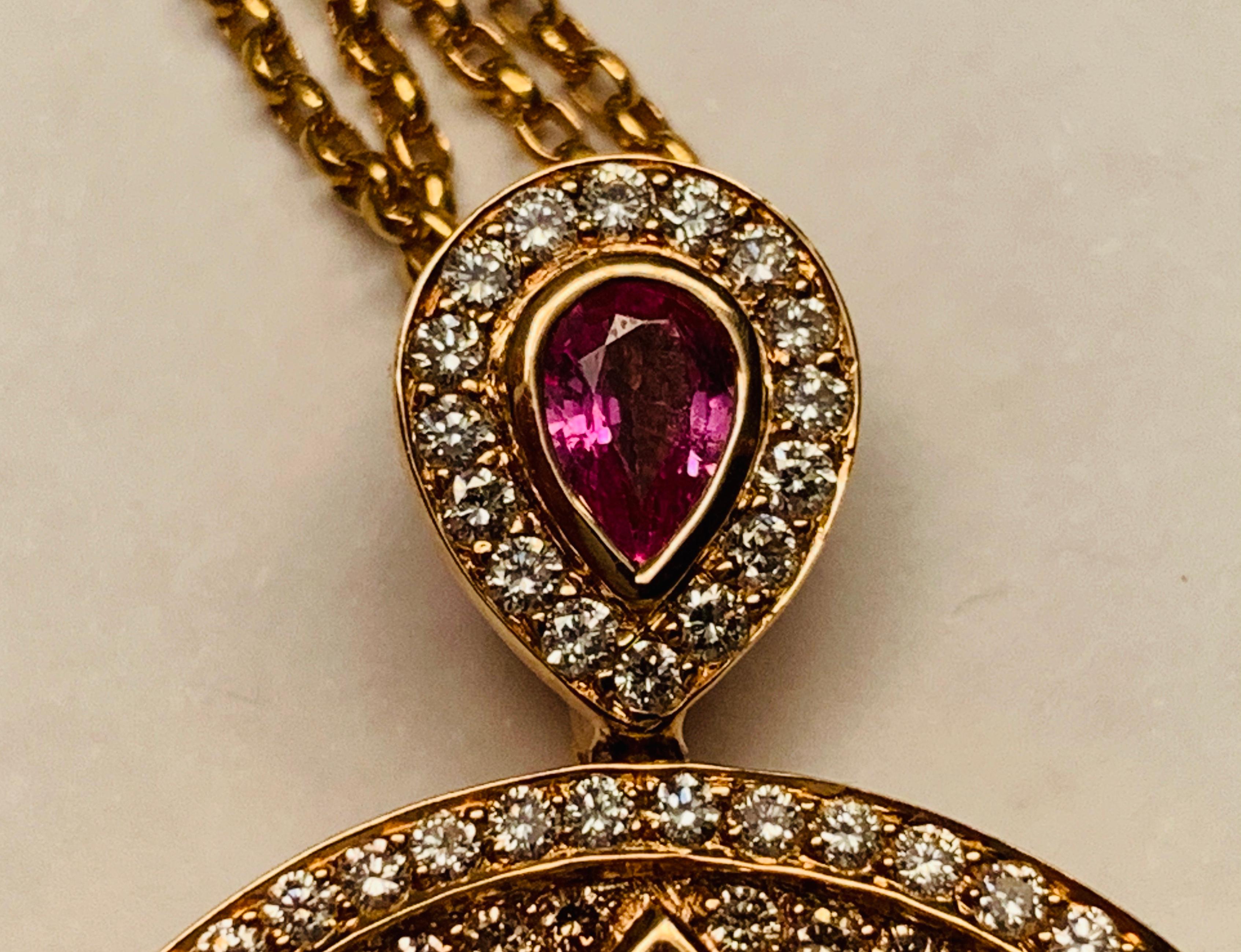 Women's or Men's Mysterious 18 Karat Gold Pink Sapphire and Diamond Pendant with Chain For Sale